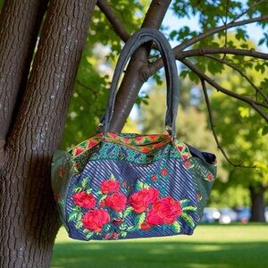 Embroidered Floral Rose Tote Bag-Spacious